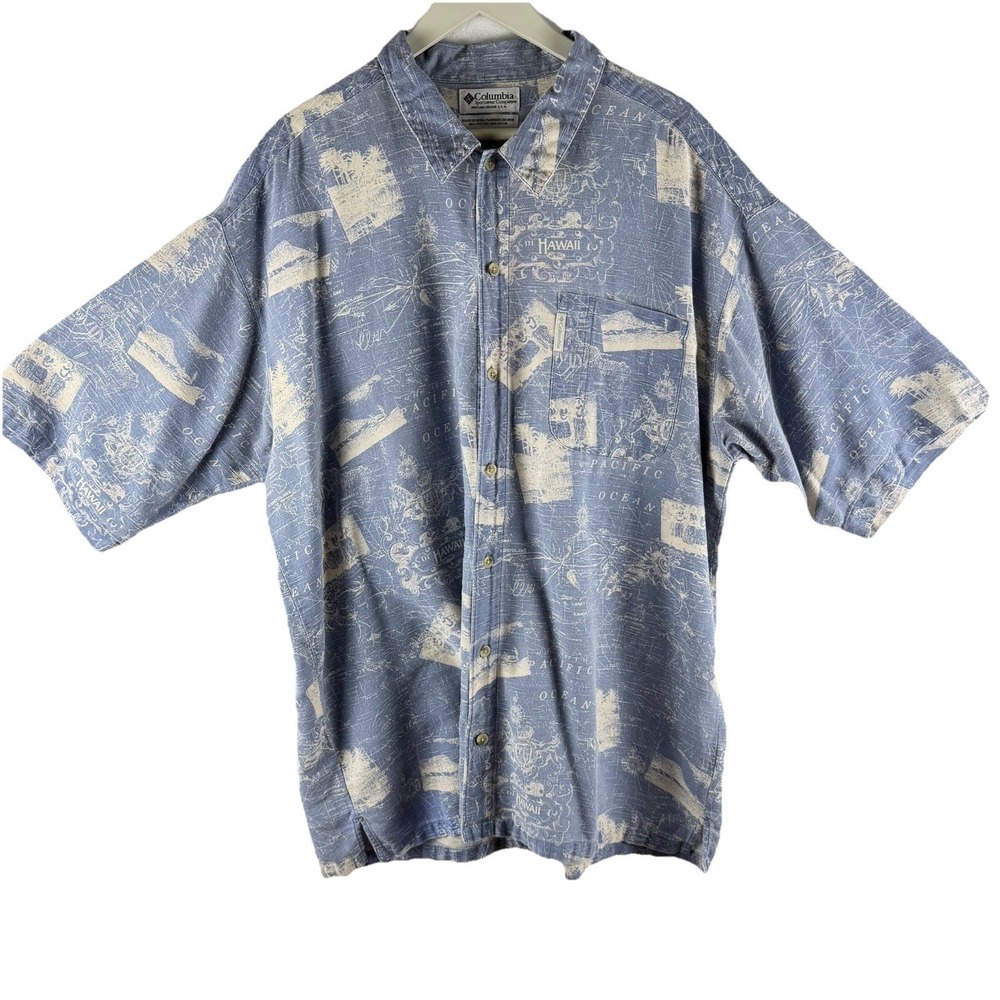 VTG Columbia Sportswear Mens Sz XL Blue Hawaiian Shirt Map Island Print Cotton